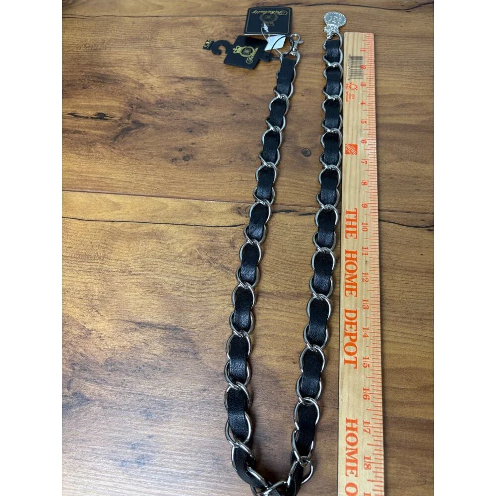 Y2K NEW Fabulosity Black Silver‎ Chain Link Belt Faux Leather Crown S/M Goth